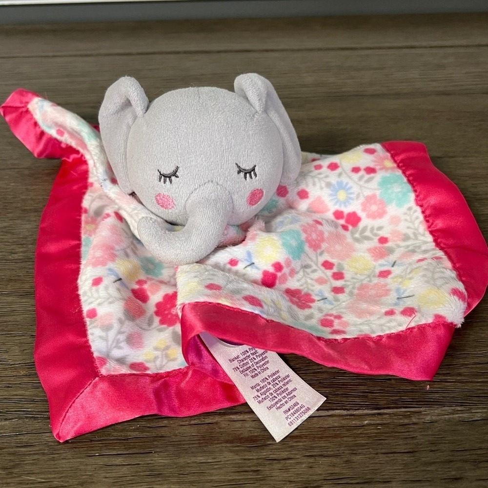 Parents Choice Gray Elephant Plush Security Blanket Floral Pink Satin Trim Lovey